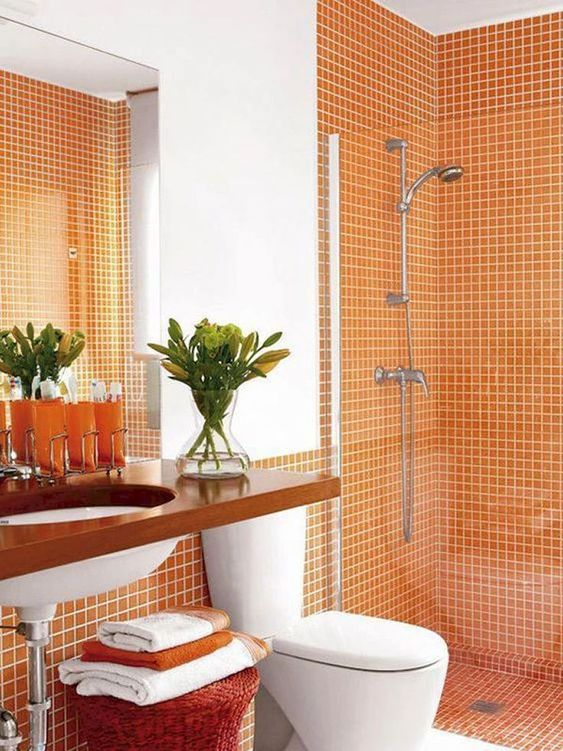 salle de bains avec des touches végétales et une mosaïque de couleur orange