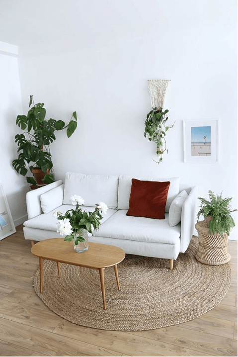 salon de style exotique avec un tapis en jute rond et des plantes vertes