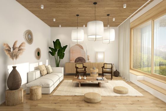 salon scandinave de style japandi au couleurs naturelles et au mobilier en bois brut et osier