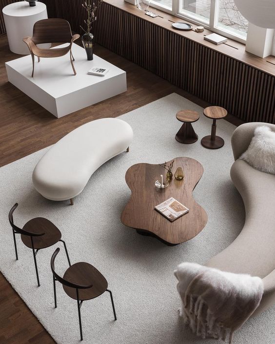 salon contemporain avec canapés arrondis et mobilier rétro en bois