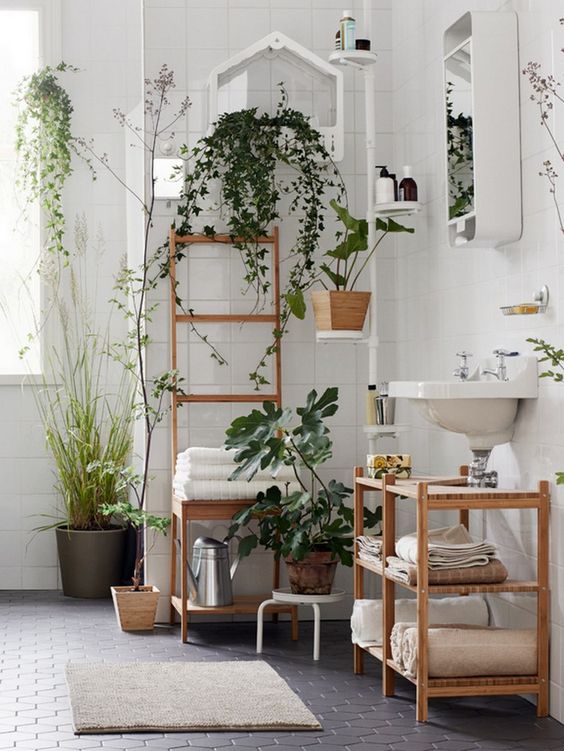 une salle de bains aux murs en faïences blanc avec différentes plantes décoratives