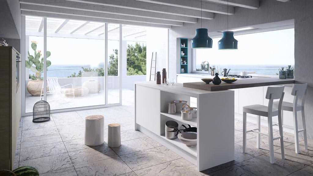 cuisine bord de mer avec mobilier minimaliste blanc et de grandes ouvertures vers l'extérieur