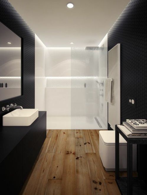 salle de bains moderne avec luminaires tendance et matériaux nobles