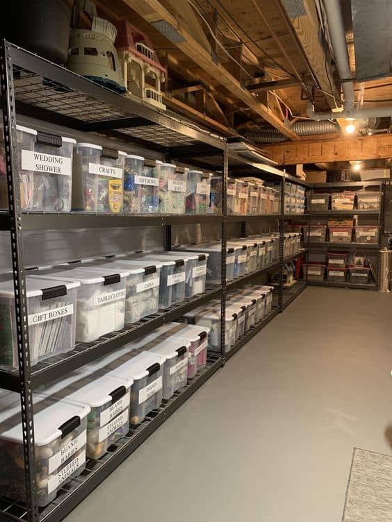 boites de rangements transparentes en plastique rangées sur des étagères en métal dans une cave