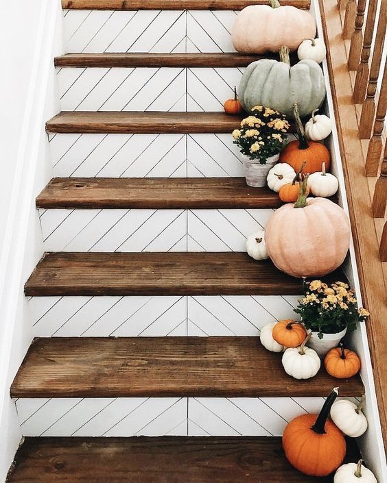 courges de différentes tailles et couleurs pour une déco automne sur des escaliers