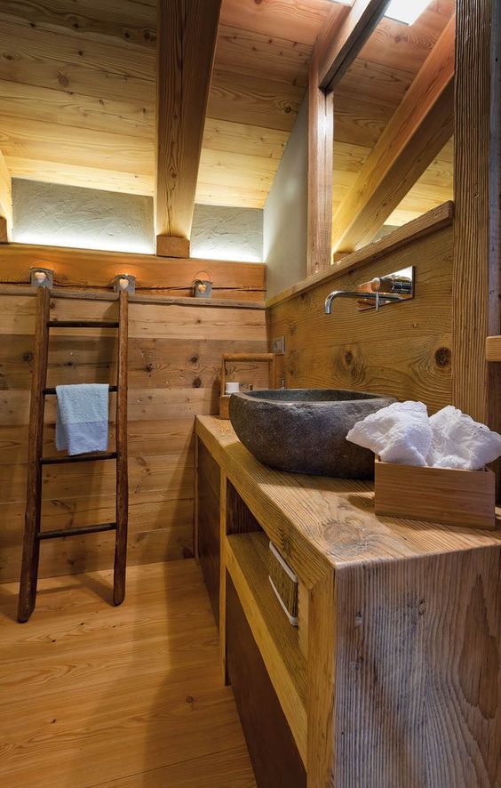 salle de bains déco chalet en bois brut