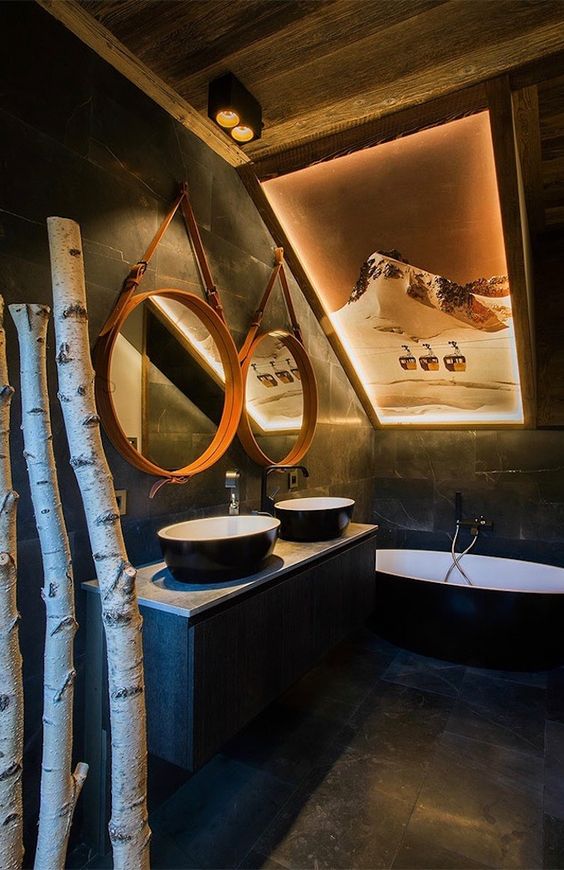salle de bains déco chalet de montagne avec double miroir et double vasque