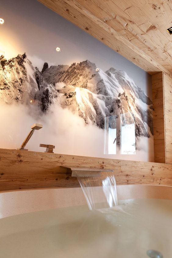 papier peint montagne en neige dans salle de bains déco chalet