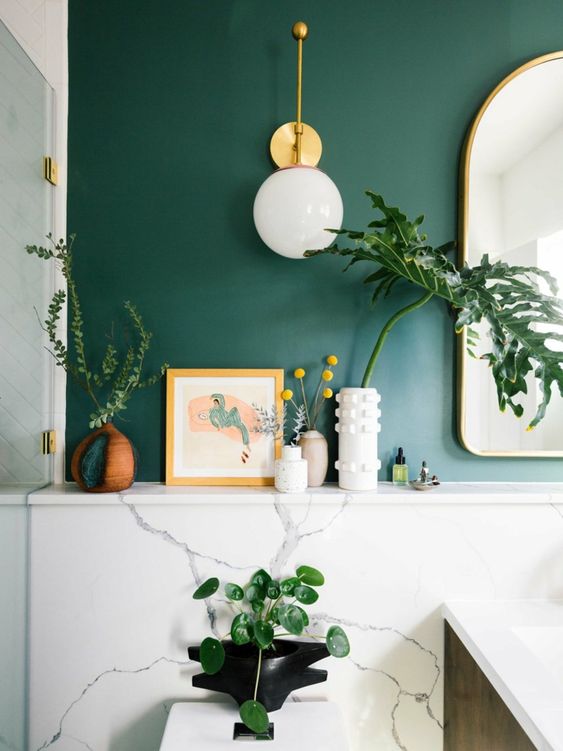 mur vert et plantes d'intérieur dans une salle de bains colorée