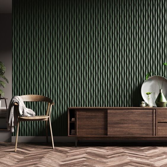 revêtement mural vert émeraude en relief pour couvrir le mur d'un salon