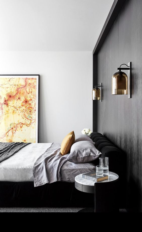 ambiance noir et blanc avec des touches dorées pour une déco chambre moderne