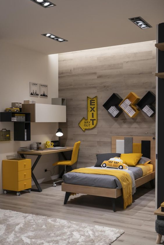 aménagement chambre ado en nuances de gris et jaune