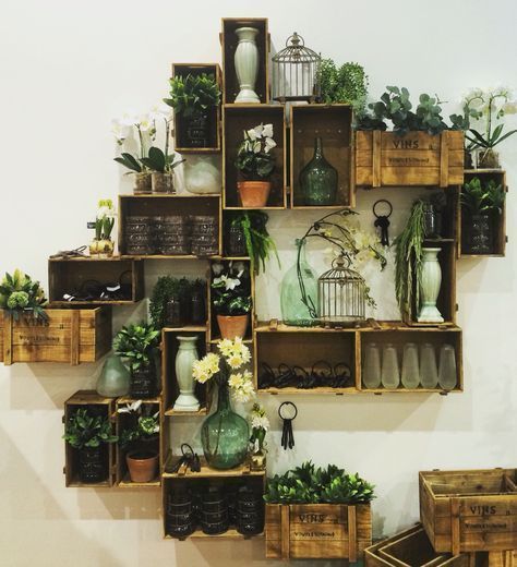décoration boutique avec pots et vases dans des caisses de vin accrochées au mur