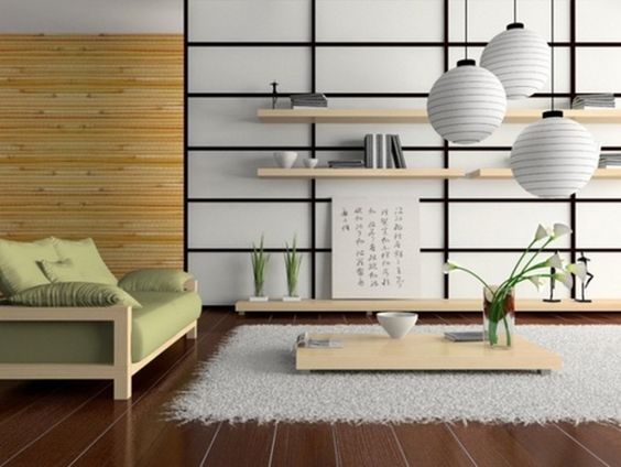 salon japonais avec suspensions en papier et objets minimalistes