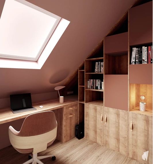 aménagement bureau avec bibliothèque sur mesure dans une chambre rose mansardée