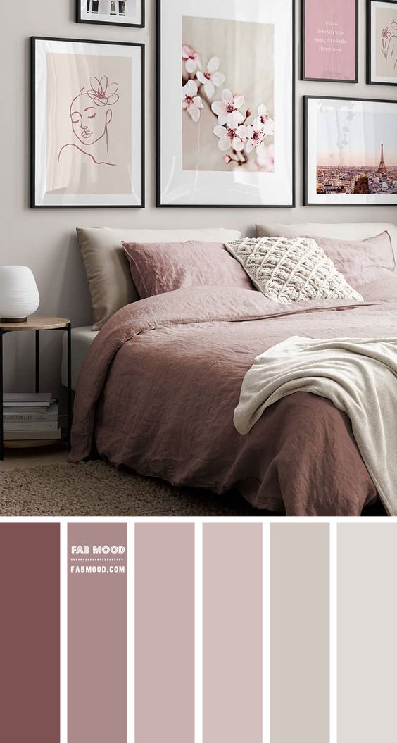 palette de couleurs feutrées dans une chambre à coucher au style romantique