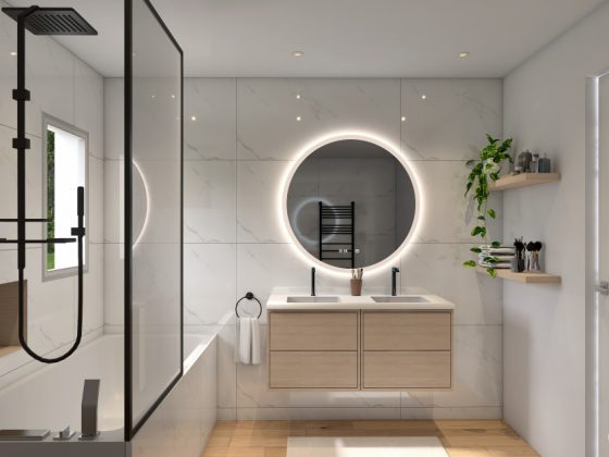 relooker une salle de bains moderne avec marbre aux murs et plantes vertes en touches