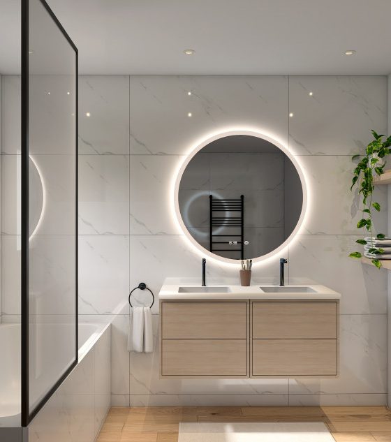relooker une salle de bains moderne avec marbre aux murs et plantes vertes en touches