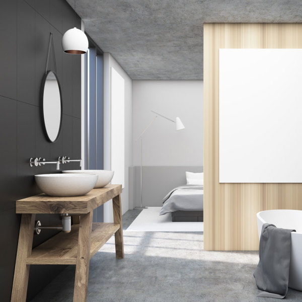 2 vasques en céramique blanc sur un meuble en bois dans une salle de bains ouverte