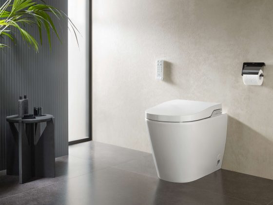 aménagement wc minimaliste avec surface en marbre et couleurs claires