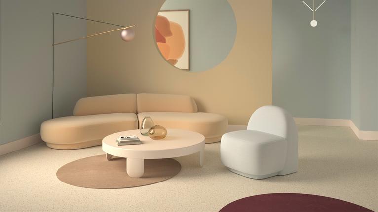 La pièce arbore un style futuriste, avec des meubles minimalistes