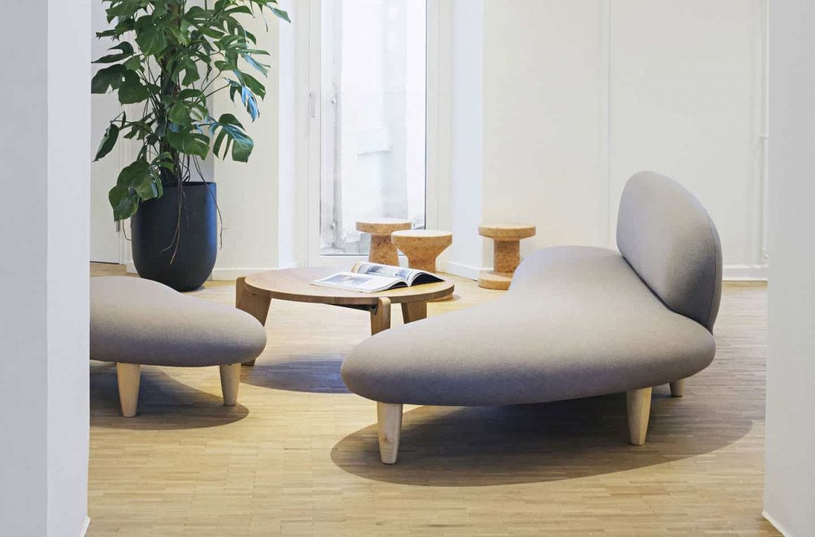 Le mobilier de cette salle d'attente est de style contemporain : canapé et fauteuil