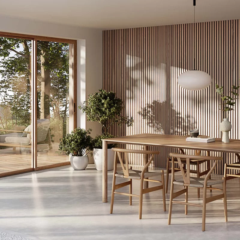 salle à manger moderne avec revêtement mural bois clair et chaleureux