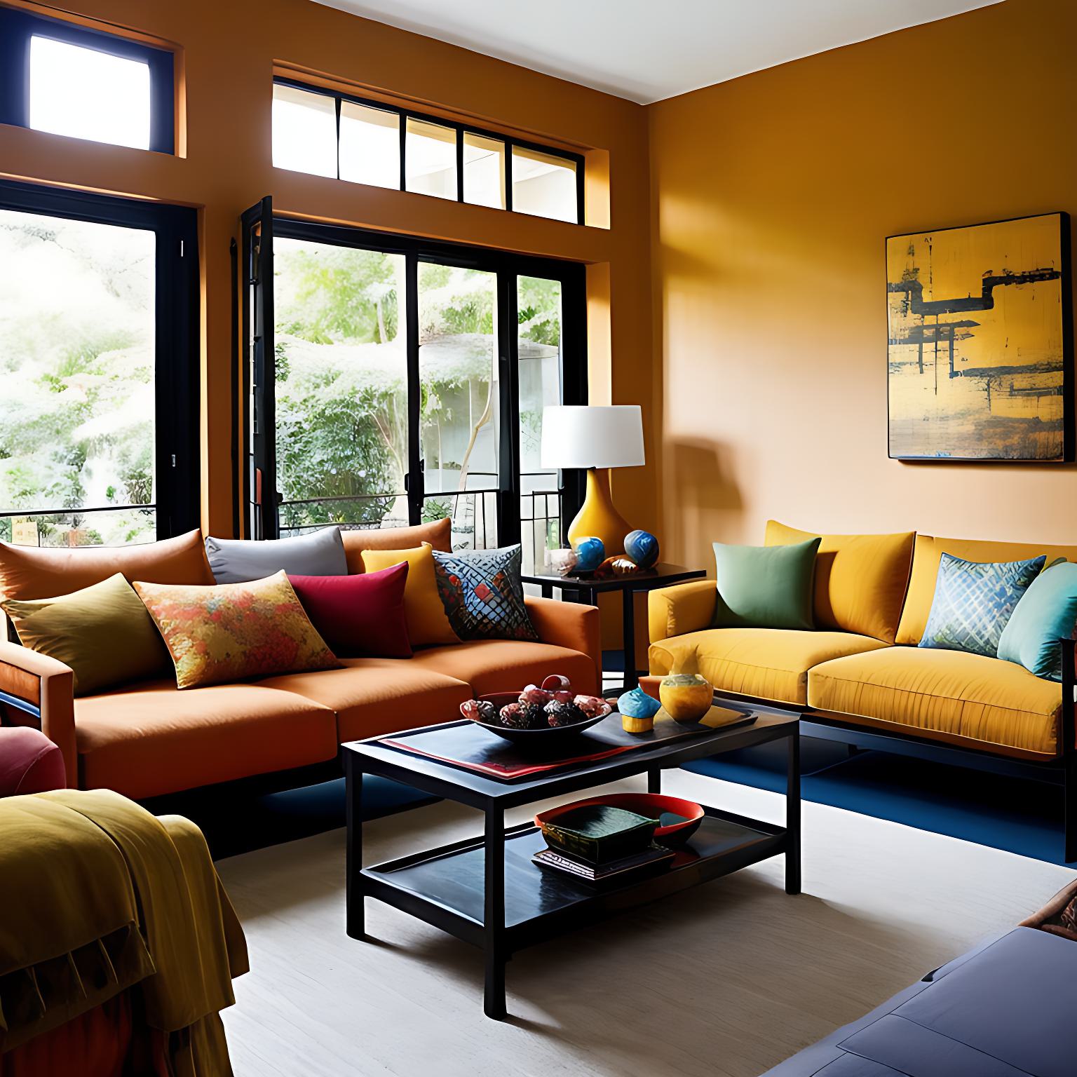 Des coussins de couleurs différentes ornent les deux canapés de ce grand salon