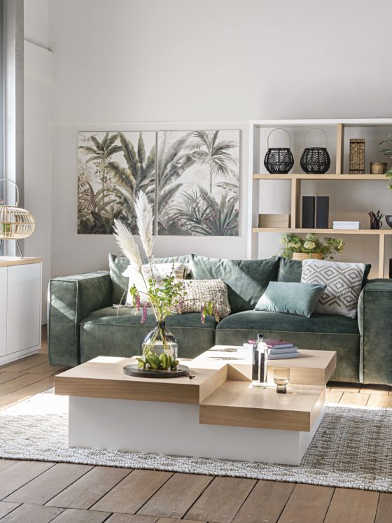 une déco salon moderne chic et lumineux avec des meubles tendances : un canapé et un fauteuil verts et un tapis tendance