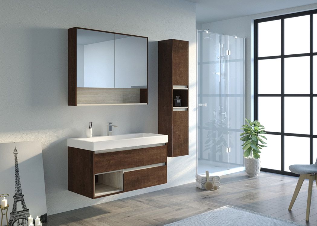Un meuble vasque et une armoire en bois suspendus dans la salle de bains