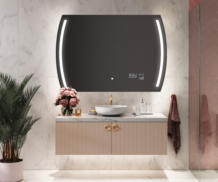 Une déco salle de bains 2024 avec un miroir connecté, design, au-dessus du meuble vasque suspendu
