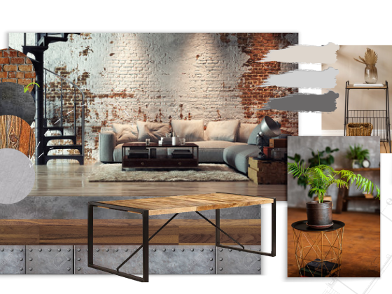 planche d'ambiance déco industrielle avec mobilier vintage et couleurs sombres