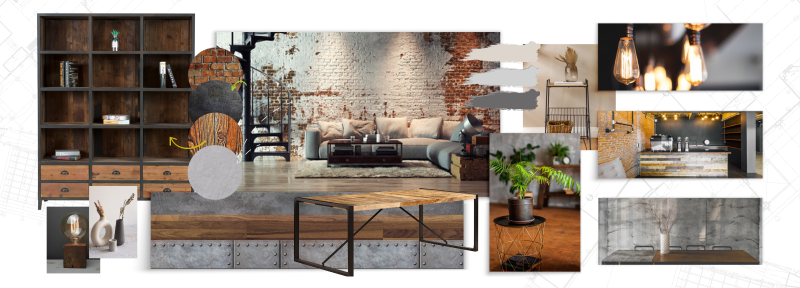 planche d'ambiance déco industrielle avec mobilier vintage et couleurs sombres