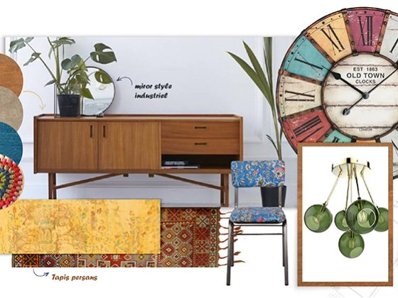 planche d'ambiance déco vintage avec mobilier rétro et couleurs pastel