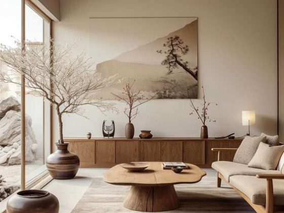 aménagement salon carré dans un style japandi avec mobilier minimaliste en bois et table basse design