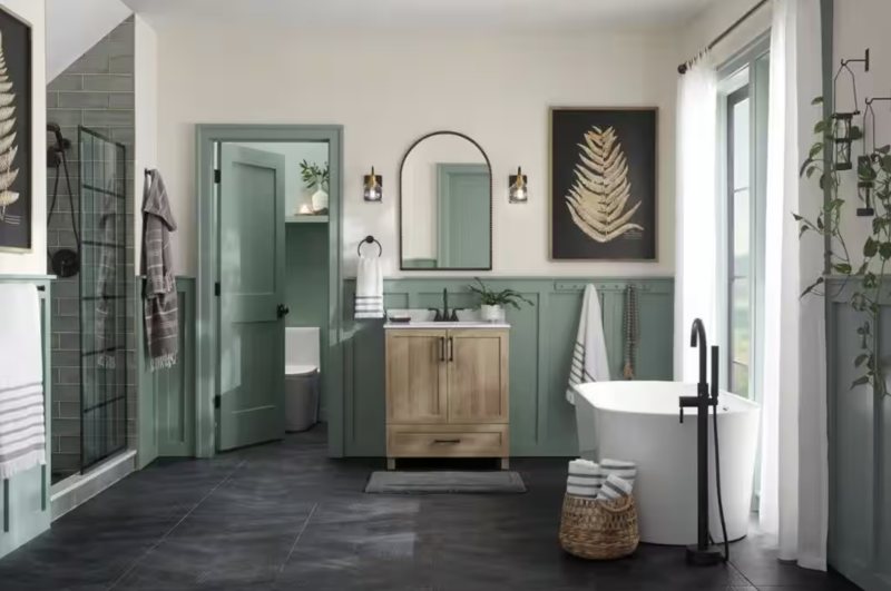 salle de bains chaleureuse de couleur vert d'eau avec une baignoire et une vasque en céramique sur un meuble en bois au dessus d'un sol vinyle gris
