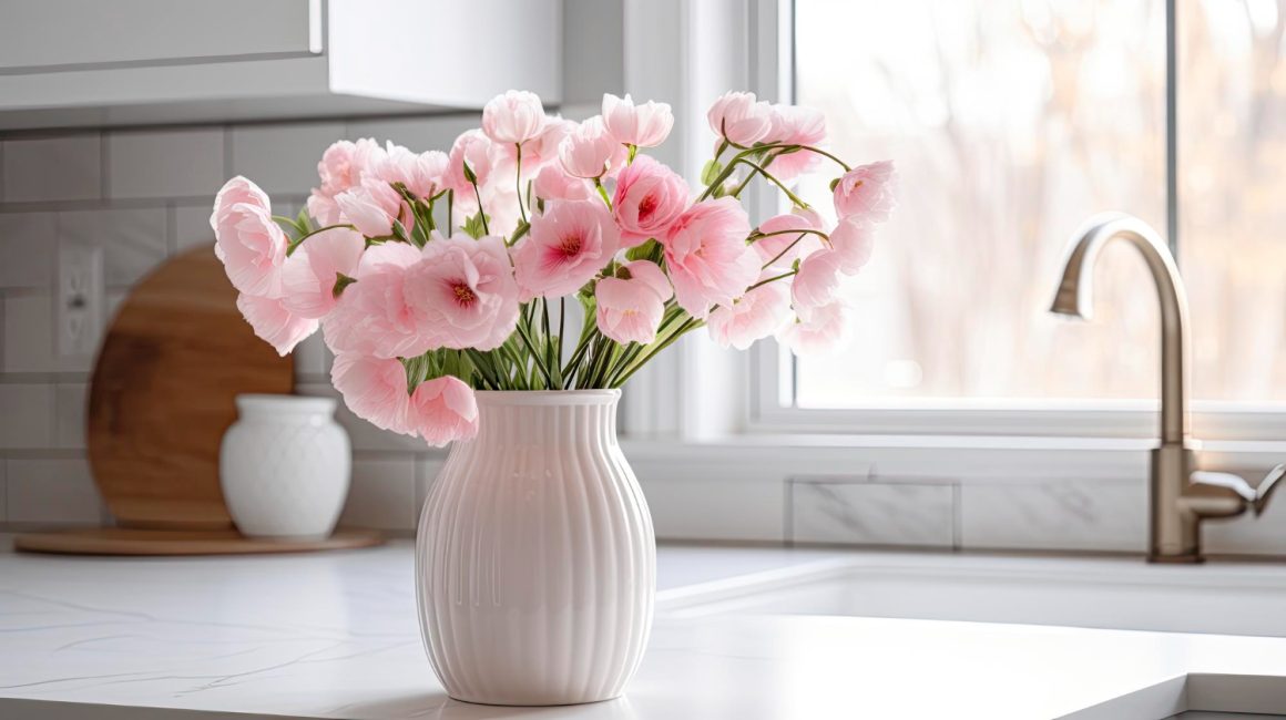 un pot de fleur rose sur le plan de travail d'une cuisine blanche et lumineuse en idée déco printanière