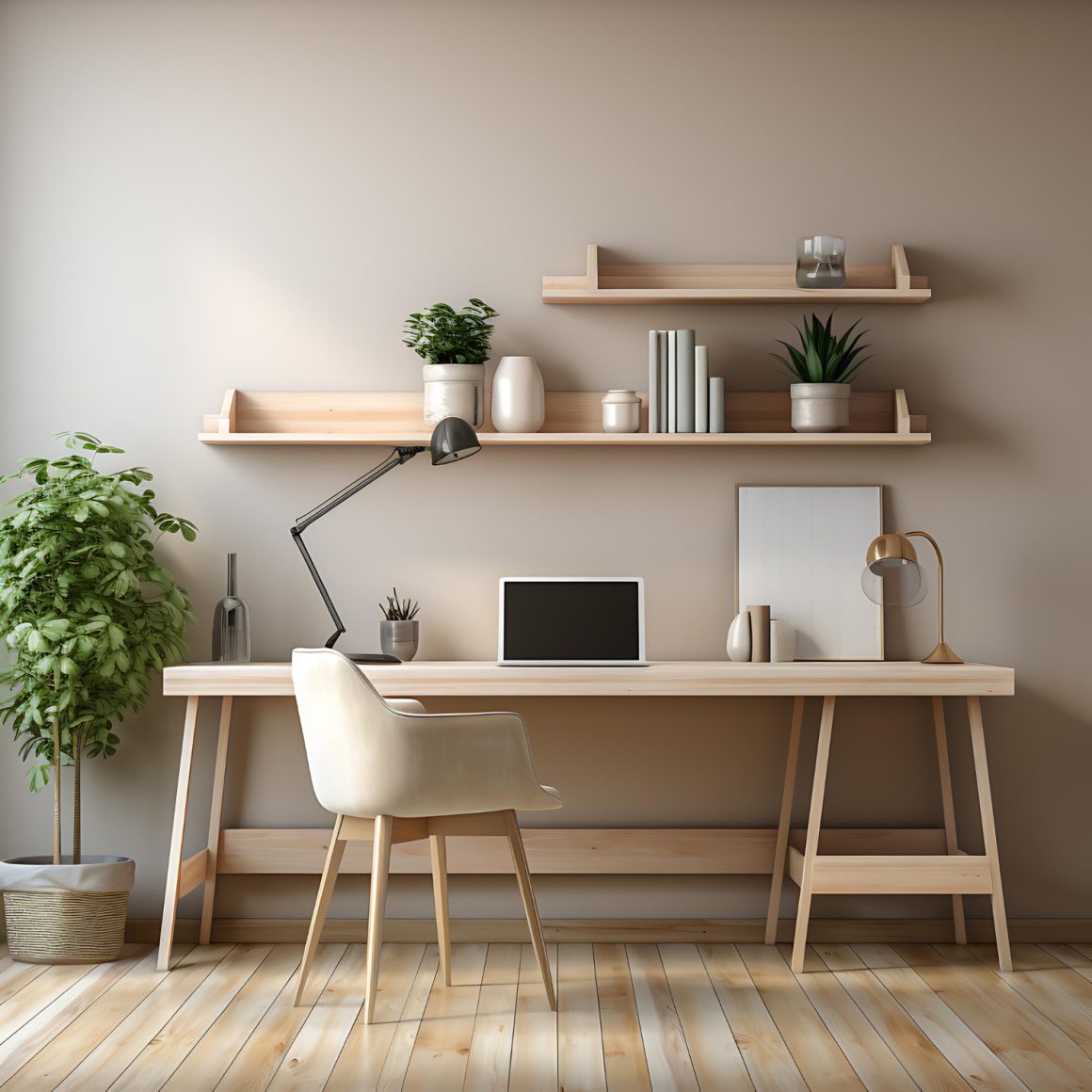 un bureau moderne en bois décoré de verdure en idée déco printanière