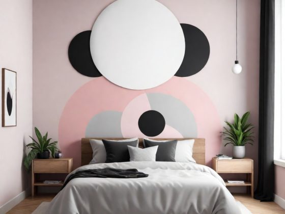 chambre à coucher moderne avec papier peint tête de lit minimaliste sous forme géométrique