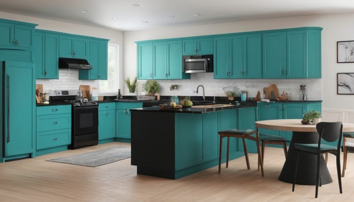 une idée déco pour une grande cuisine moderne bicolore turquoise et noir avec un ilot central 