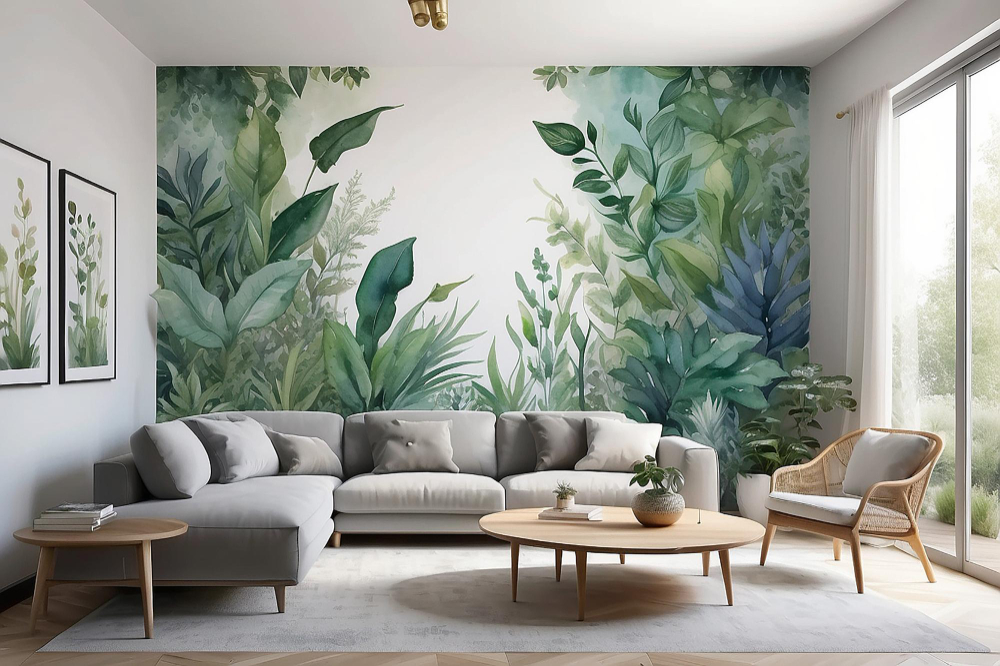 une idée déco pour un salon moderne avec un mur en papier peint à motif de feuilles