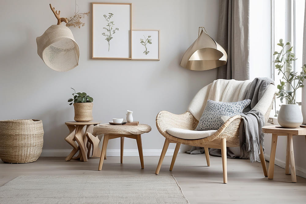 Un fauteuil de style scandinave dans le salon avec un coussin à motifs, un plaid gris, un tapis beige et de la déco beige
