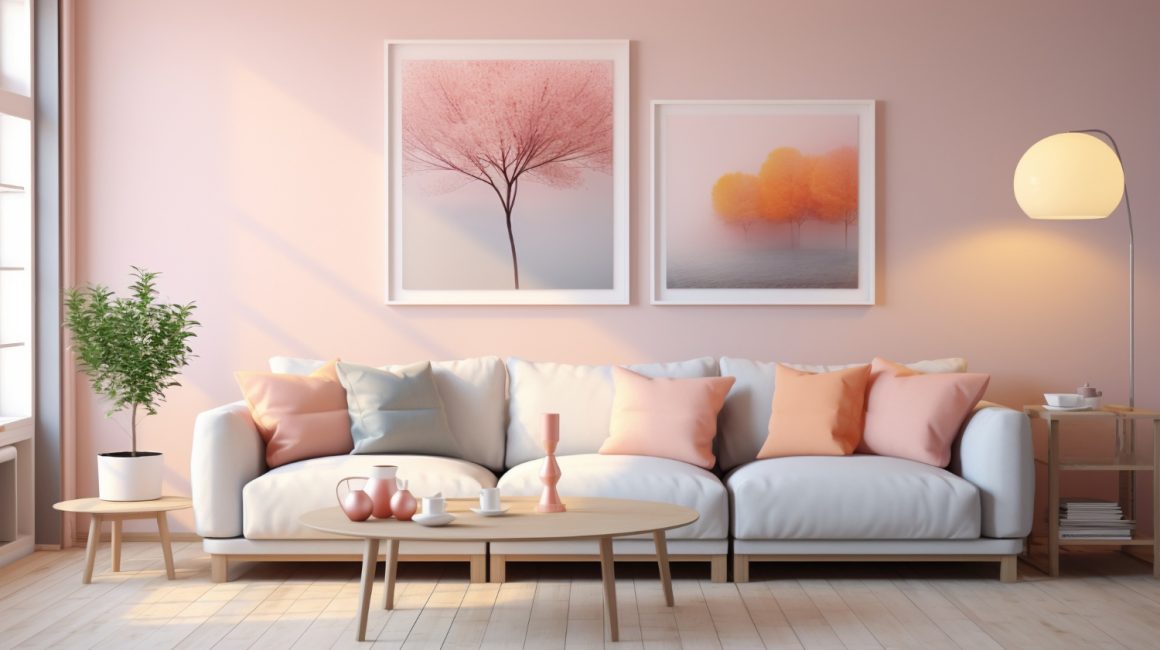 un grand salon lumineux avec un mur et un canapé de couleur pastel en idée de déco ambiance printanière