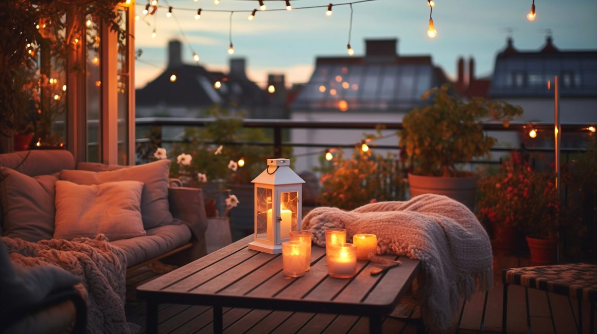 canapé d'extérieur décoré d'un plaid en face d'une table basse décorée de bougies sur un balcon