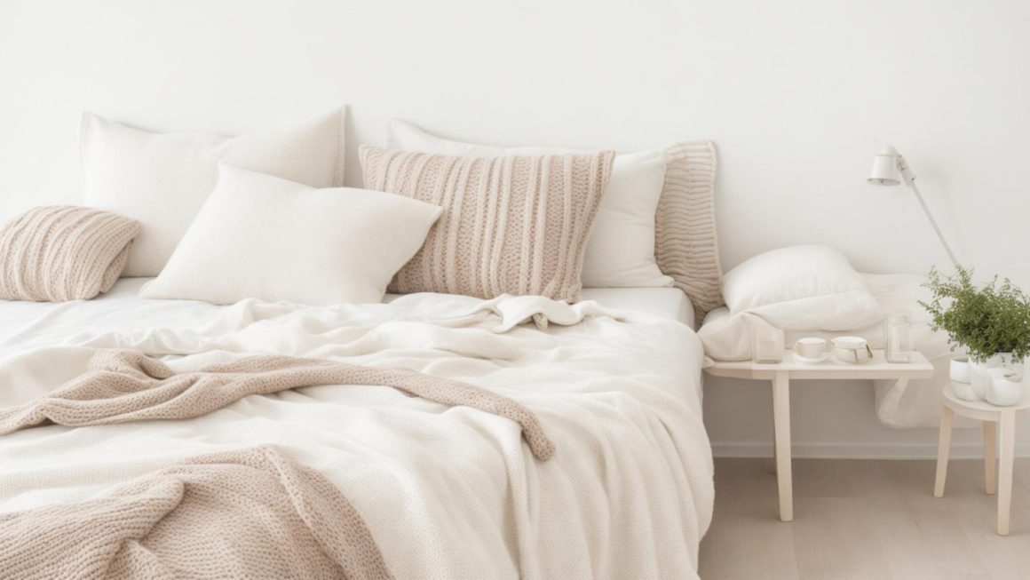 Un lit doté d'une literie claire douce et confortable dans une pièce lumineuse