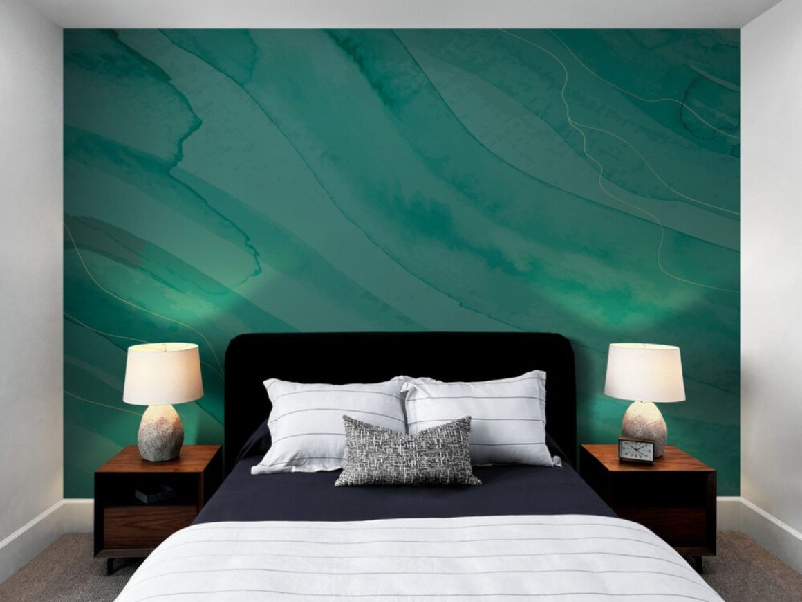 papier peint tête de lit panoramique bleu canard dans une chambre carrée