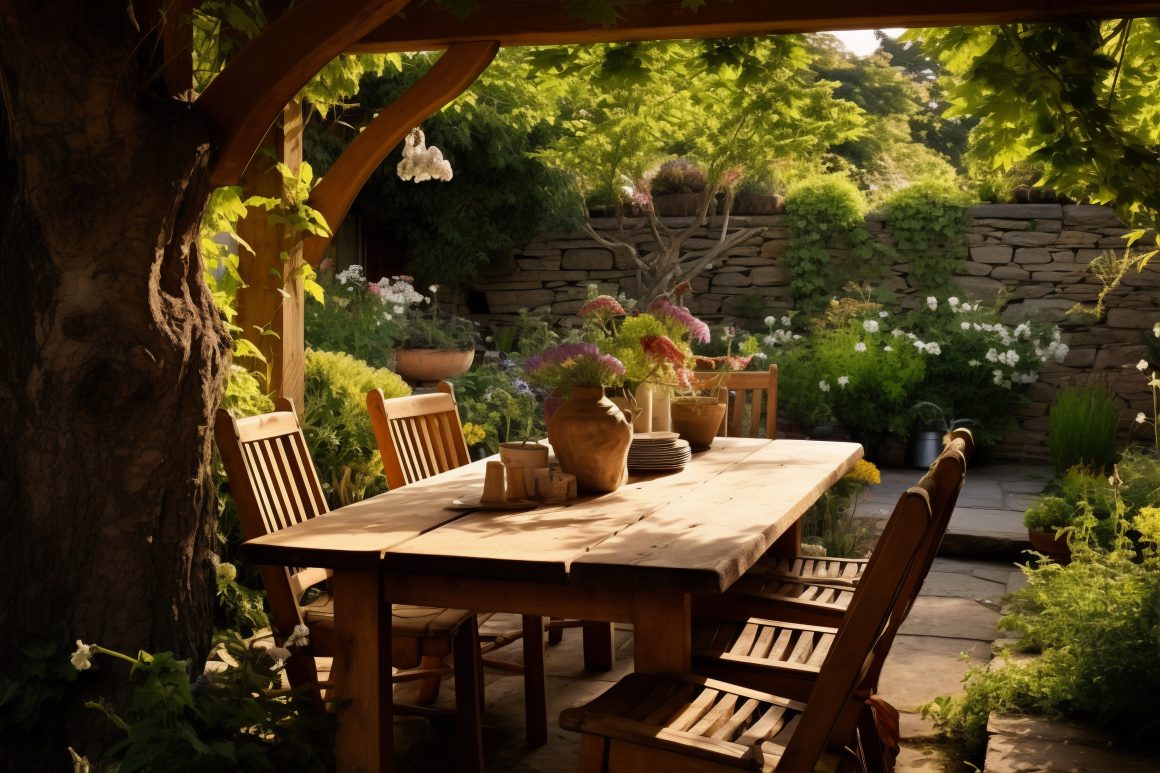 une pergola naturelle décorée de verdure et d'une grande table en idée d'aménagement extérieur 
