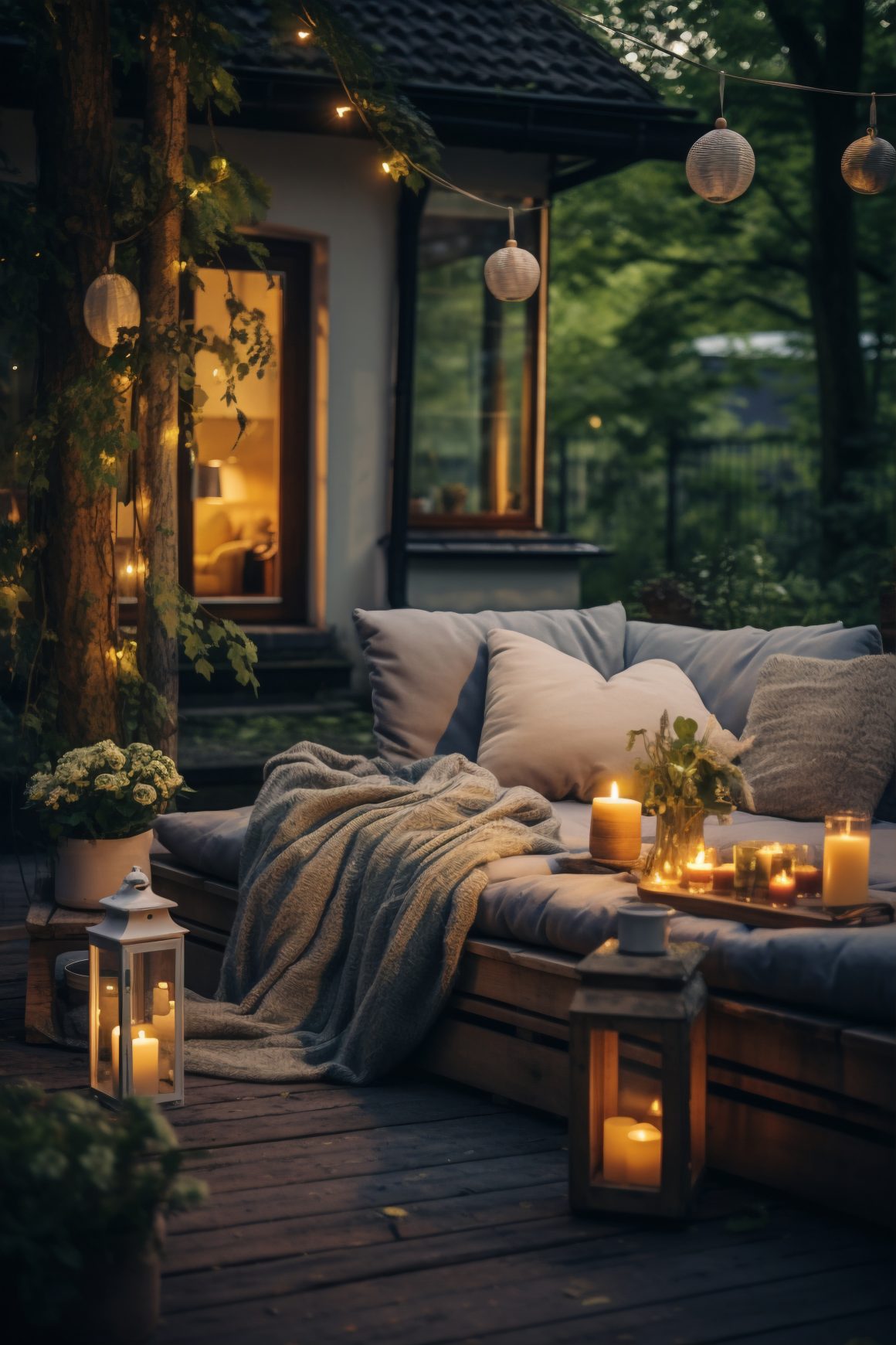 un canapé de jardin cosy avec plaids coussins et bougies en idée d'aménagement extérieur