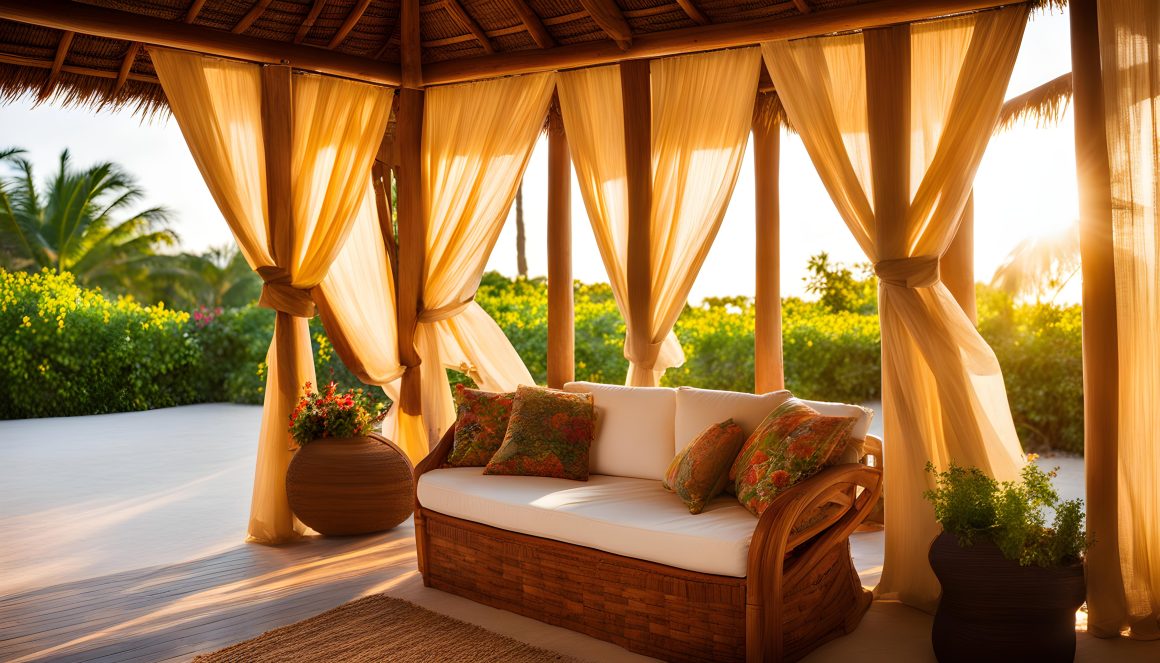 une jolie pergola agrémentée de longs rideaux légers et d'un canapé de jardin en idée d'aménagement extérieur