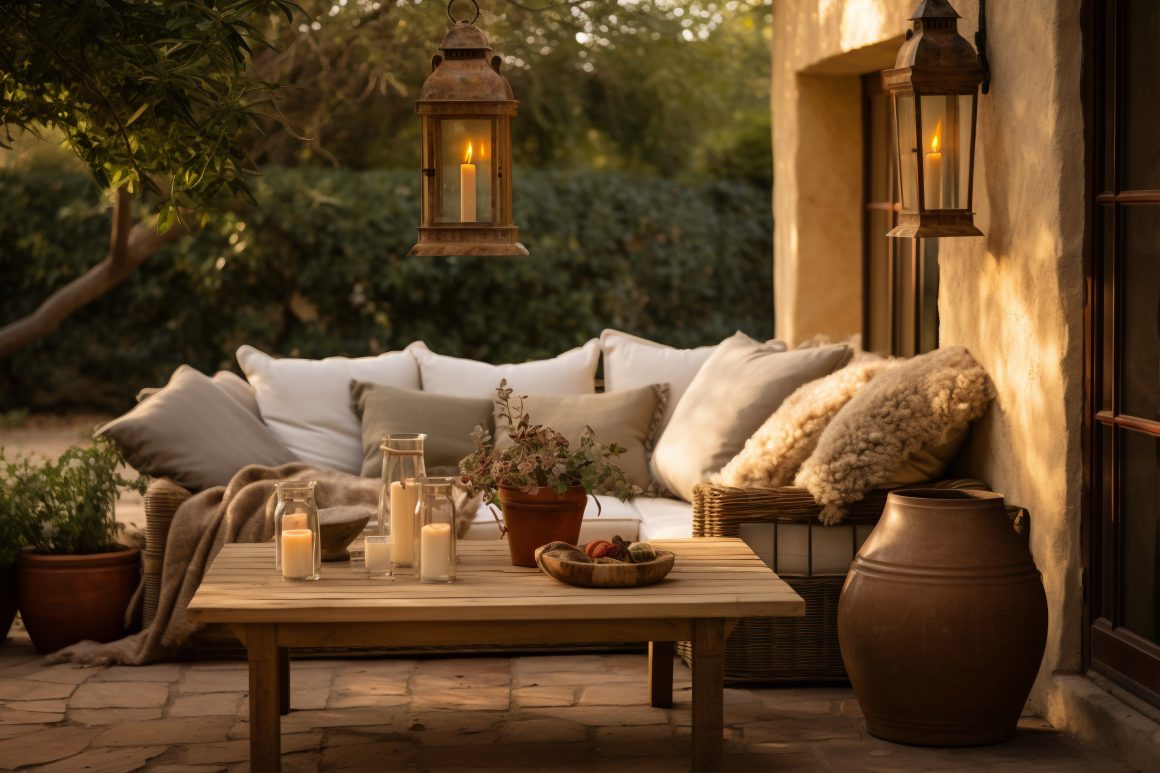 une pergola avec un grand canapé de jardin cosy et une table décorée de bougies en idée d'aménagement extérieur